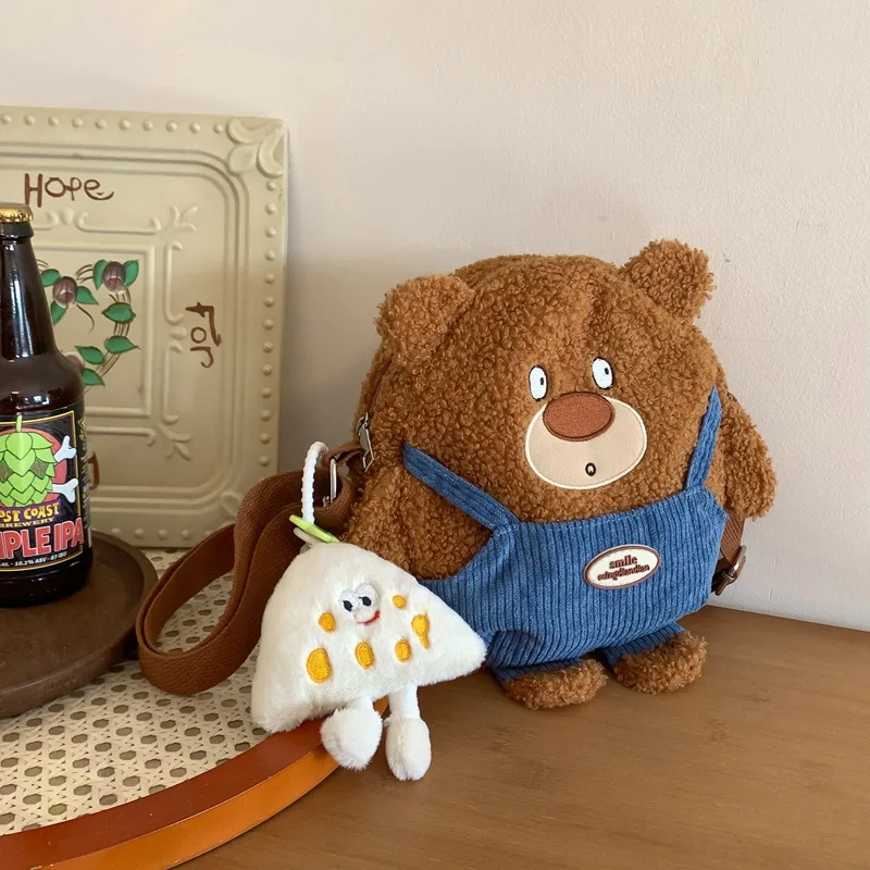 

Ins Korean Style Cartoon Cheese Pendant Bear Plush Stuffed Crossbody Bag Cute Student Outing Cell Phone Storage Small Backpack