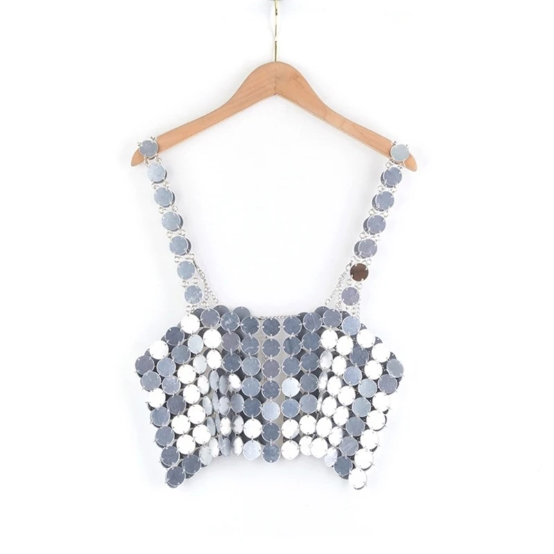 

Metallic Sequins Chain Backless Crop Tube Top Camisole Nightclub Party Body Jewelry Festival Outfit for Womens