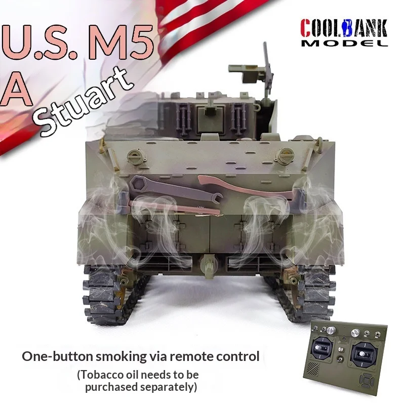 쿨뱅크 모델 리모컨 M5A1 스튜어트 탱크 시뮬레이션 접이식 연기 발사 360도 회전 군사 모형 (취미용)