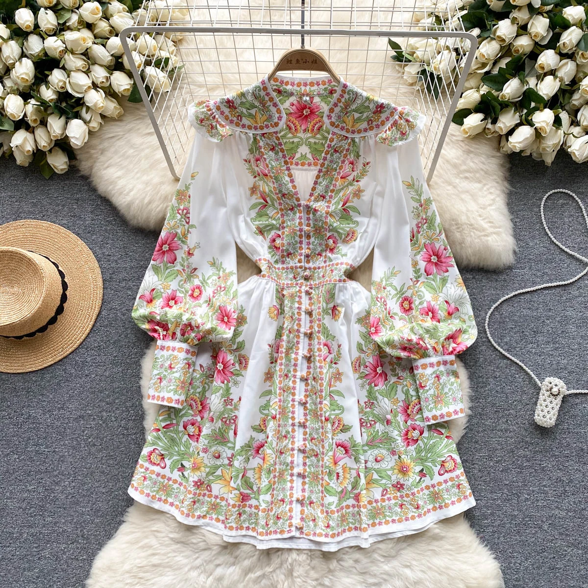 

Spring Autumn Women V-Neck Short Dress 2023 Runway Fashion Floral Print Long Lantern Sleeve Single Breasted Mini Vestidos 6519