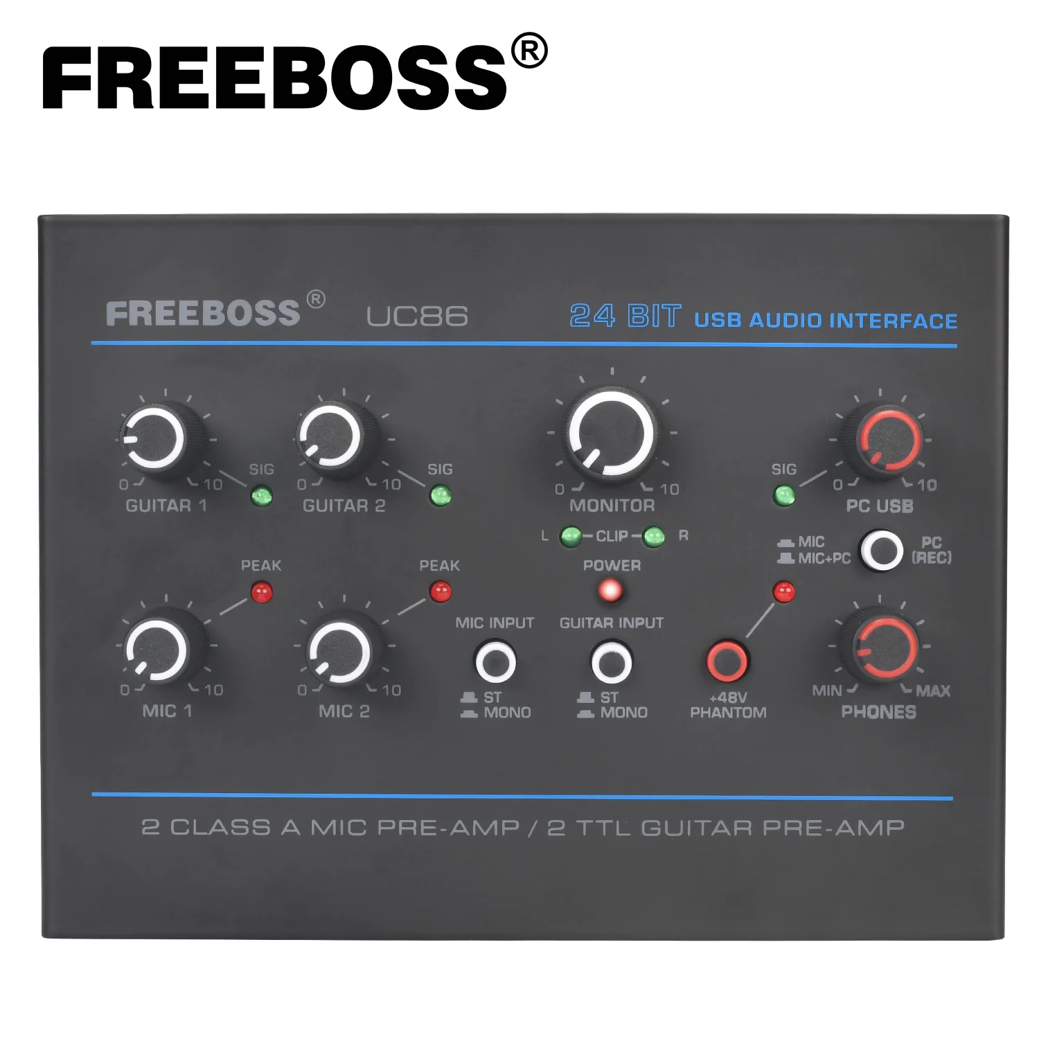 Записывающая звуковая карта Freeboss, 48 кГц, прямой монитор, 2 XLR, вход Mic, стерео, ПК, 48 В, гитара, внешний аудио интерфейс для Mac OS UC86