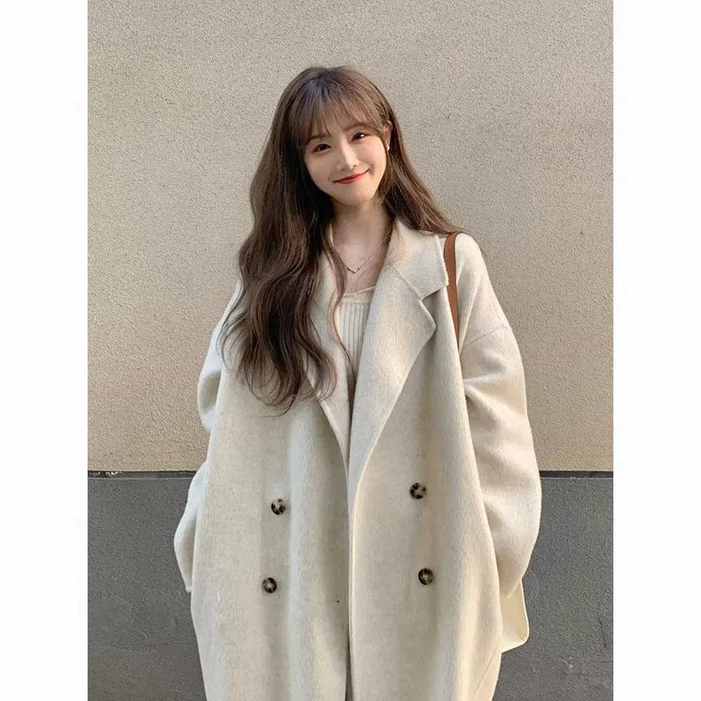 Women's Wool Blend Coat with POLO Collar, Loose Fit, Thickened, Long Length and Chic Design, New Arrival new arrival whitney wb581 calla lily with tulip flowers bunch bridal flower bouquet décoration mariage chic élégante simple