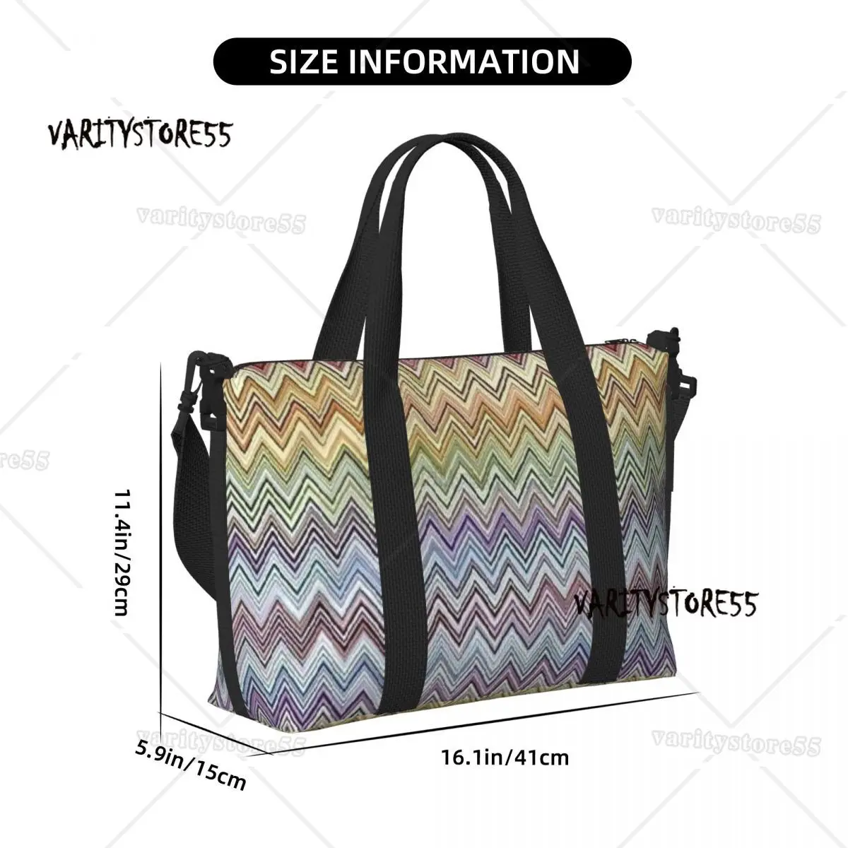 Boho Chic Modern Zigzags Beach Tote Bag for Women Extra Large Gym Carry On Geometric Multicolor Travel Shopping Bags