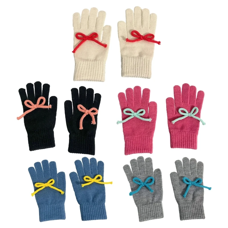 

Adult Knit Gloves Full Finger Mitten Stretchy Glove with Small Bowknot Decor