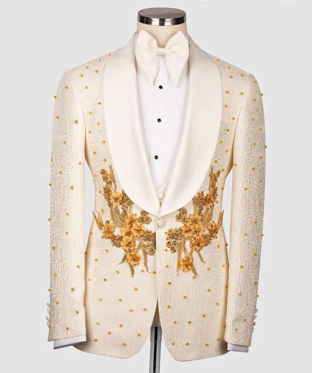 Beads Appliques Pearls 2 Pieces Jacquard Blazer Vest Men Suits Double Breasted Wide Lapel Formal Prom Wedding Groom Tailored
