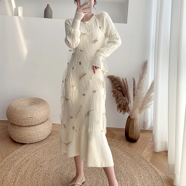 Korean Chic Slim Knit Sweater Dress Women Knitted With Mesh