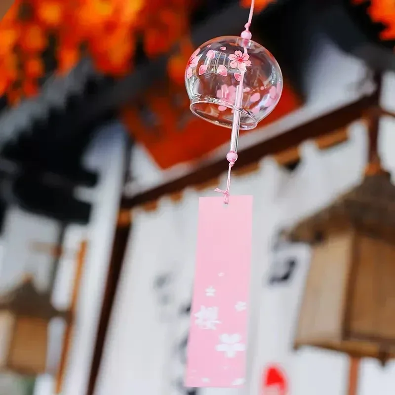 Outdoor Wind Chimes Wind Bell Pendant Sakura Glass Wind Chime Hanging Drop Birthday Gift Ornament Transparent Wind Spinner Bell Pendant Japanese Style Decoration
