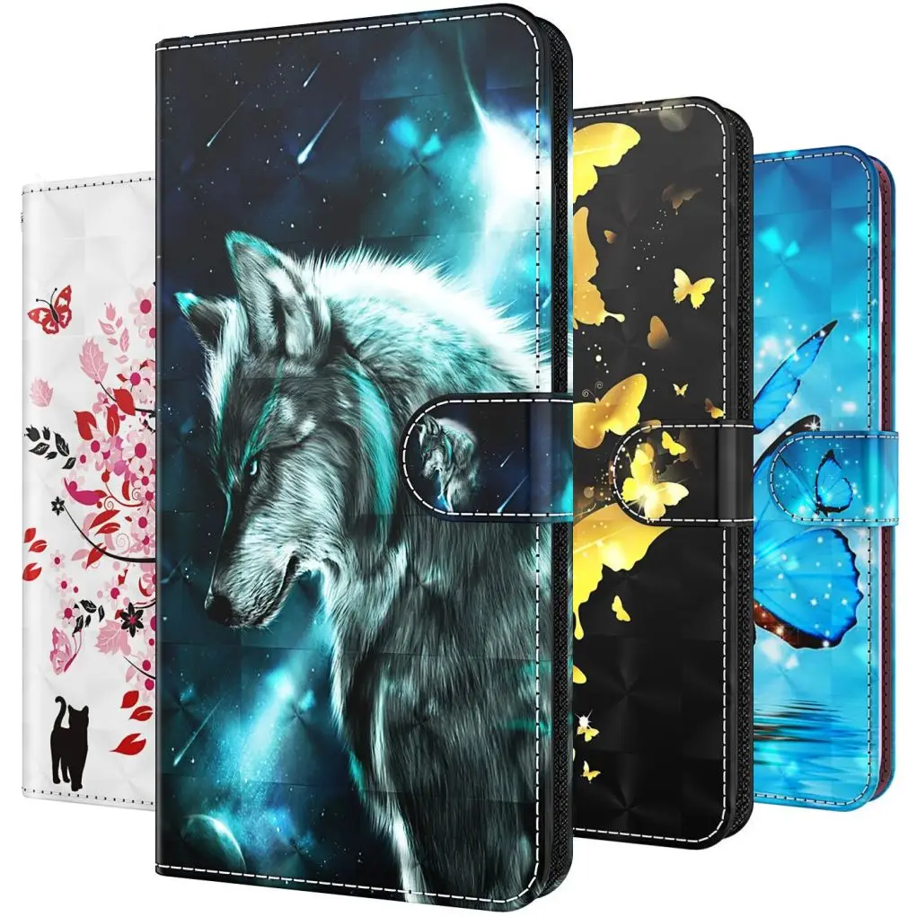 Cat Wolf Tree Butterfly Flip Phone Bags Custodia Per Samsung Galaxy J3 J5 2017 J4 J6 2018 Note 10 Plus 20 Ultra F41 Cover D24G