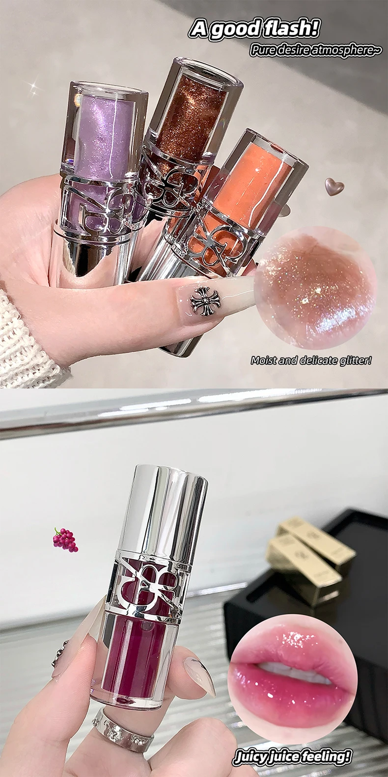 Brillant à lèvres miroir gris transparent hydratant effet eau_voghion.com