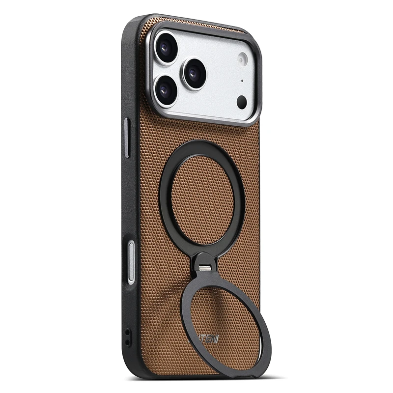 Luxury Business Triangle Texture Leather Phone Case with 360° Rotating Metal Ring Stand