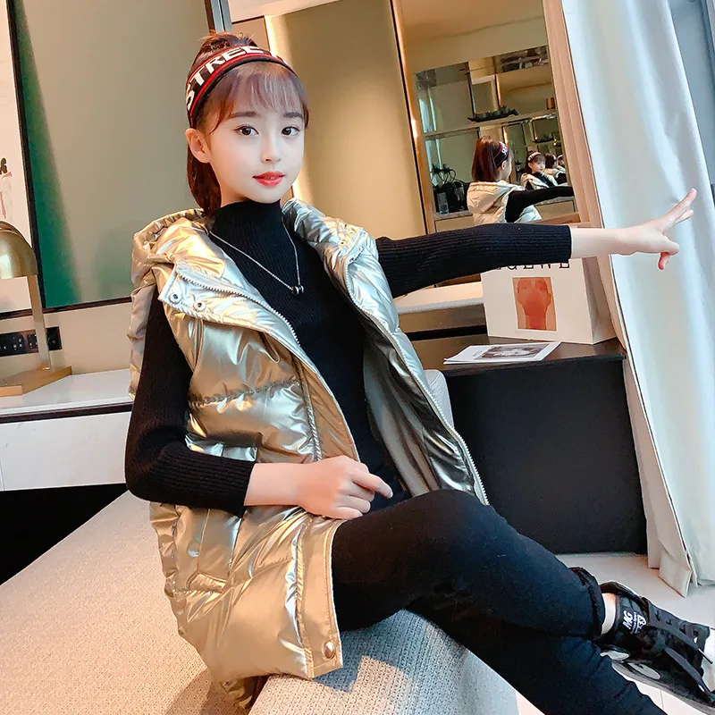 

Teen Girls Autumn Winter Vest Cotton Coat New Fashion Hooded Jacket Down Children's Clothing Thickened Warm Outerwear Top 4-14 Y