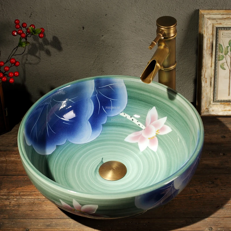 Modern Handpainted Bathroom Sinks Ceramic Art Countertop Basin Round
