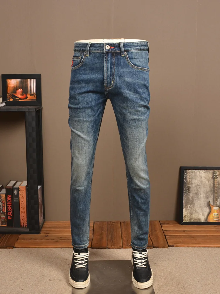 Retro Blue Jeans Autumn Men's Simple Classic Stretch Slim Fit Skinny High-End Korean Style Versatile Casual Men's Pants