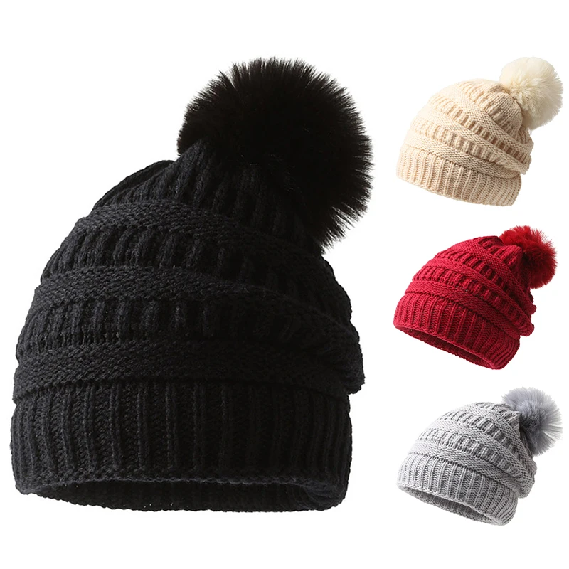 

Женские шапки с помпоном, вязаные меховые шапки с помпоном, шапочки, вязаные крючком зимние теплые плотные уличные аксессуары, однотонные
