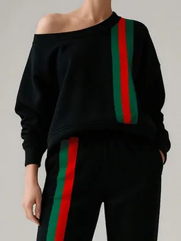Onecozyday 2026 Spring Stylish Cold-Shoulder Pullover for Women Contrast Color Striped Long Sleeves Loose Fit Shirt Top 1