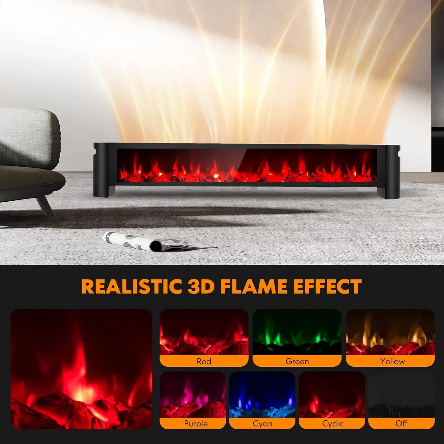 1400W Baseboard Heater, Electric Baseboard Heater with Remote, 6 Adjustable Realistic 3D Flame, Thermostat, Overheat Pr