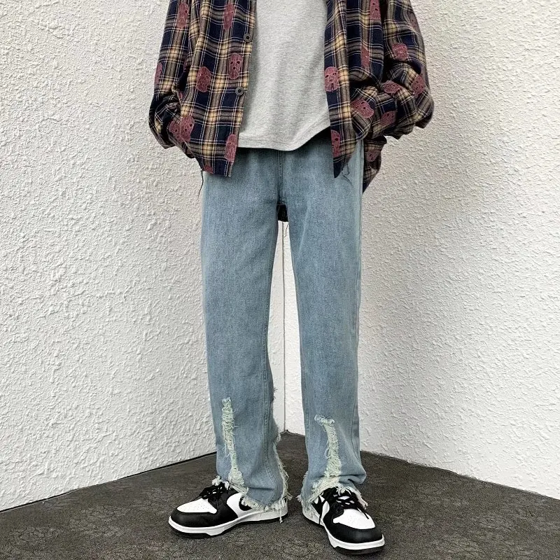 2022 High Street Hole Ripped Retro Washed Men Baggy Jeans Trousers Hip Hop Straight Male Casual Denim Pants Pantalones Hombre