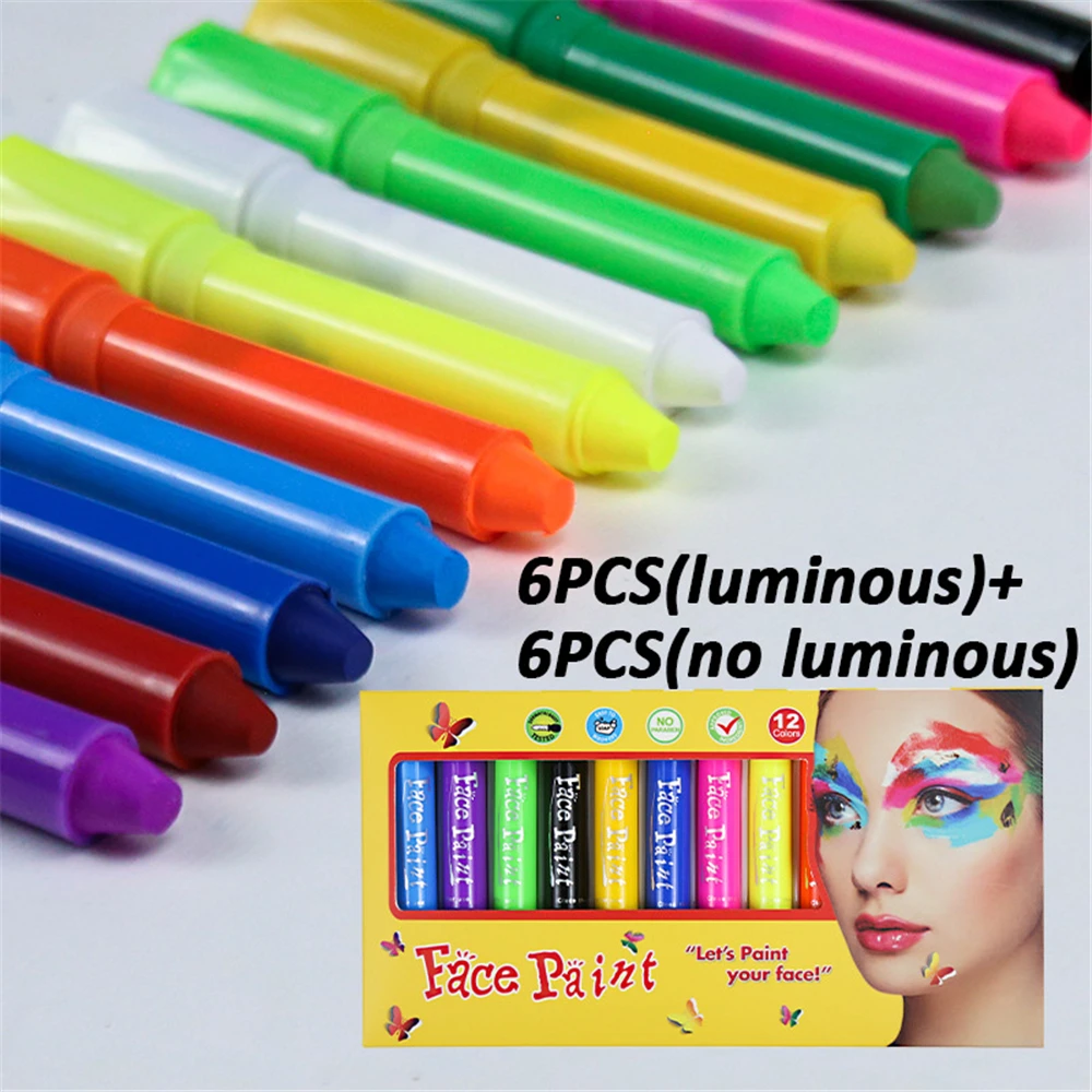 New 12Pcs Face Paint Crayons Set Safe Non-Toxic Glow In Dark Face Body  Paint Washable Makeup Face Painting Crayons 12 Colors UV - AliExpress