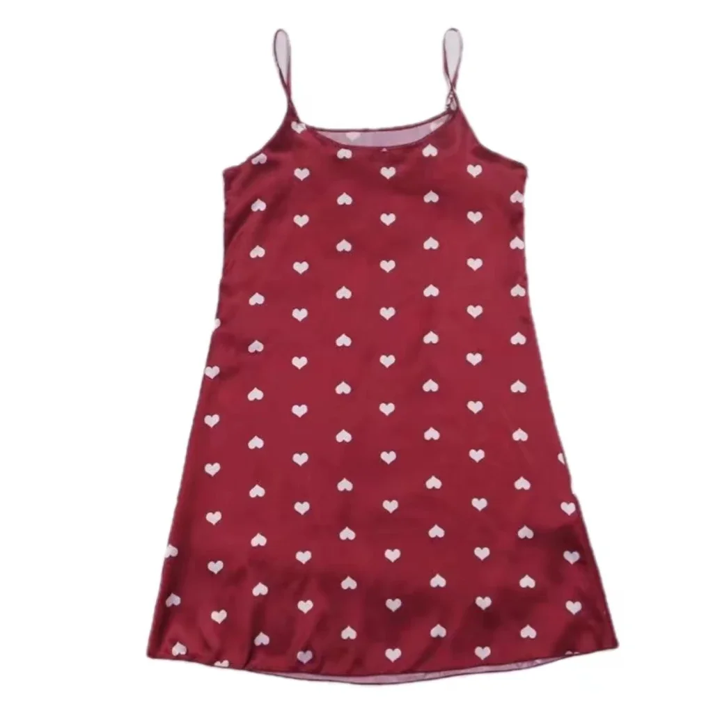 Women's Nightgowns Summer Nigtdress Pamjamas Sleeveless Ice Silky Skirt S M L Red Love Prints Comfortable Ventilate