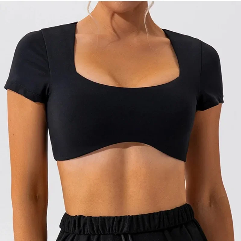2024 Fitness Bra Short Sleeve Simple Shockproof Sports Curved Hem Yoga Shirt Slim Fit Crop Top Run Gym Shirts Women Active Wear 5
