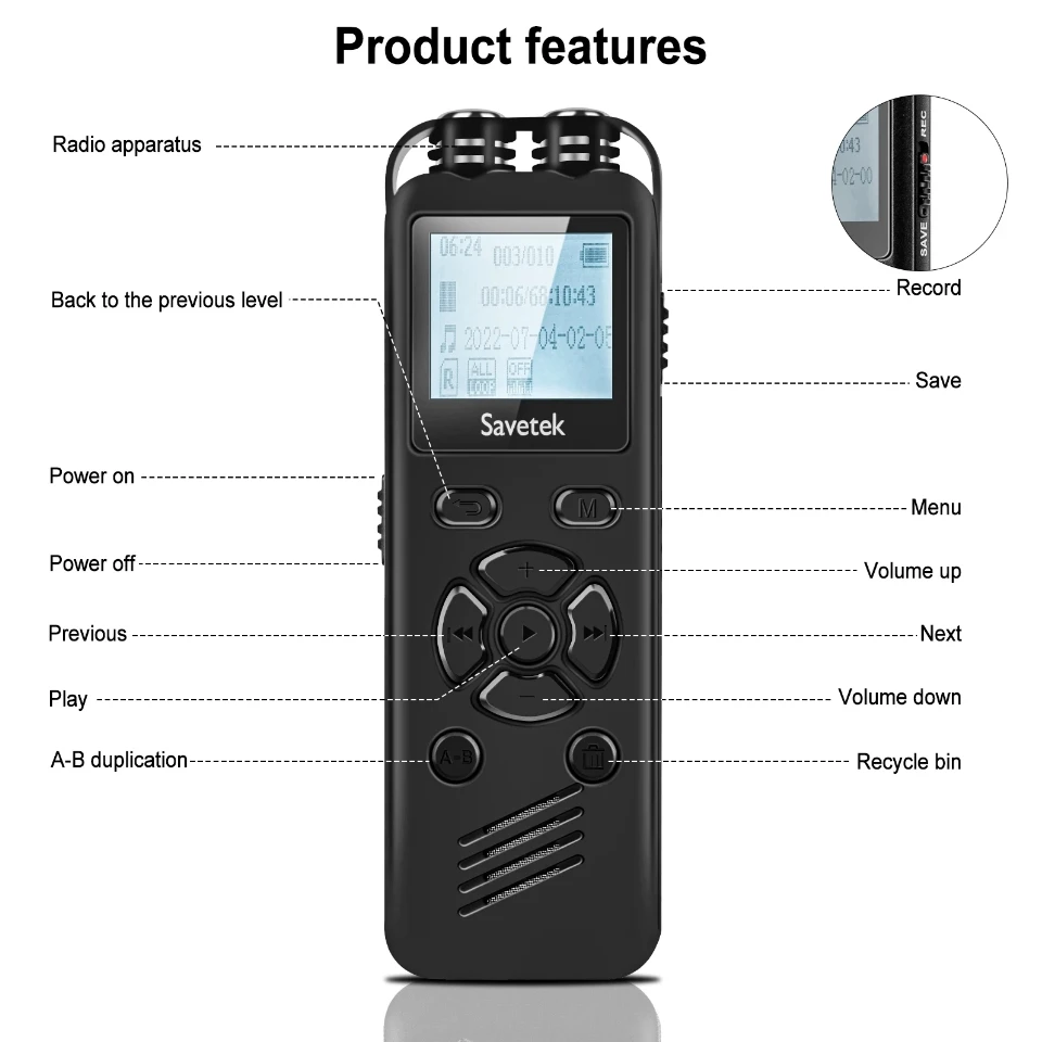 Voice Recorder One Button Digital Voice Recorder Max Support 128G Noise Reduction Record Playback MP3 Music Player Sound Recording