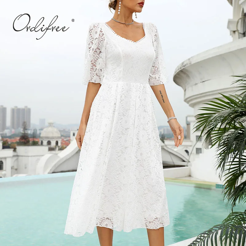 

Ordifree 2022 Summer Women Lace Party Dress Half Sleeve Vintage Sexy Backless Sexy White Beach Dress