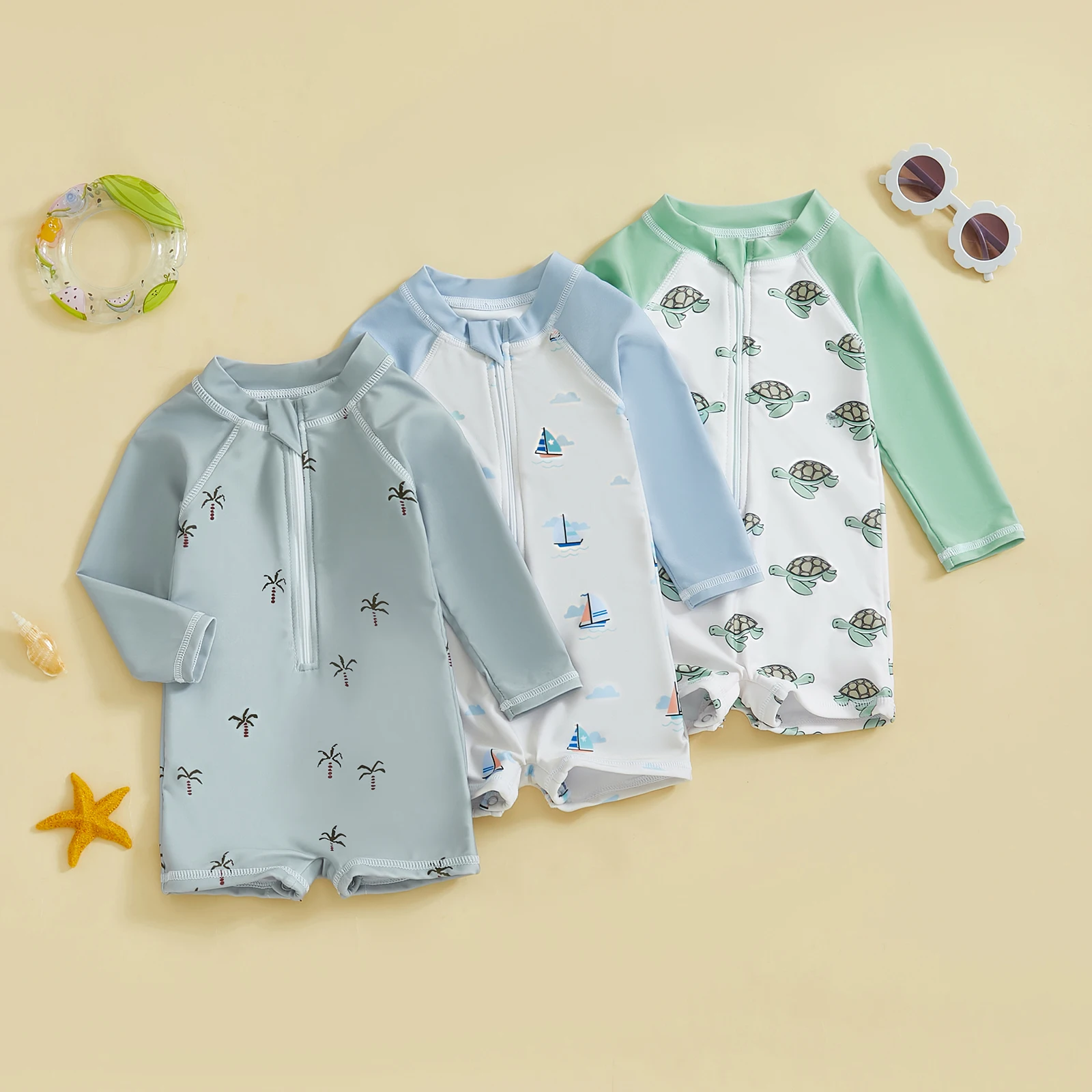 MISOWMNJOY Summer Baby Boys Swimsuit Casual Toddler Swimming Suit Cartoon Turtle Print Long Sleeve Mock Neck Zip Bathing Suit