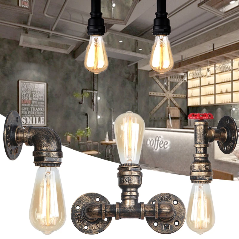 

Iron Art Wall Lamp Vintage Water Pipe LED Wall Light Indoor Lighting for Bar Cafe Home Kitchen Living Room Bedroom Decoration