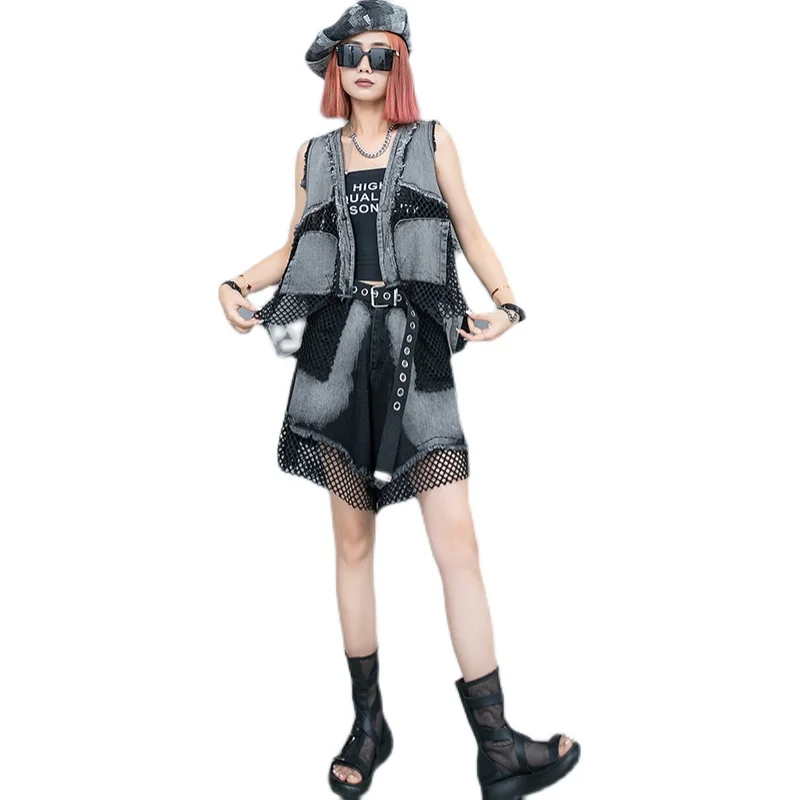 

Fashion Denim Splice Mesh Short Sets Women Arrival Personality V-neck Sleeveless Waistcoat Elastic Waist Wide Leg Short Jeans