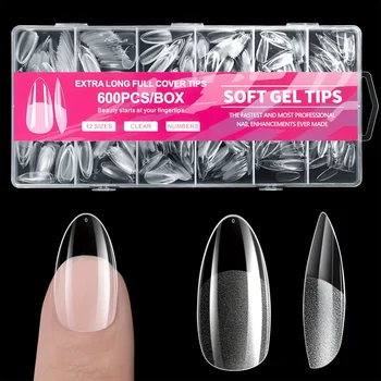 600 Pezzi Punte per Unghie a Mandorla Semilucide Copertura Completa, Unghie Finte in Acrilico/Gel di Media Lunghezza, per Manicure Professionale e Fai da Te a Casa, Unghie Press-on