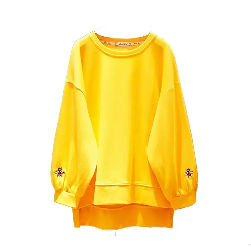 New Spring Fashion O Neck Women Pullovers Tops Embroidery Batwing Sleeve Medium-long Students Sweatshirts Solid Color Hoodies