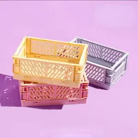 Medium Folding Plastic Storage Bins Stackable Basket Tray with Handles for Shelves Grocery Kitchen Bedroom Desktop Organizer 2