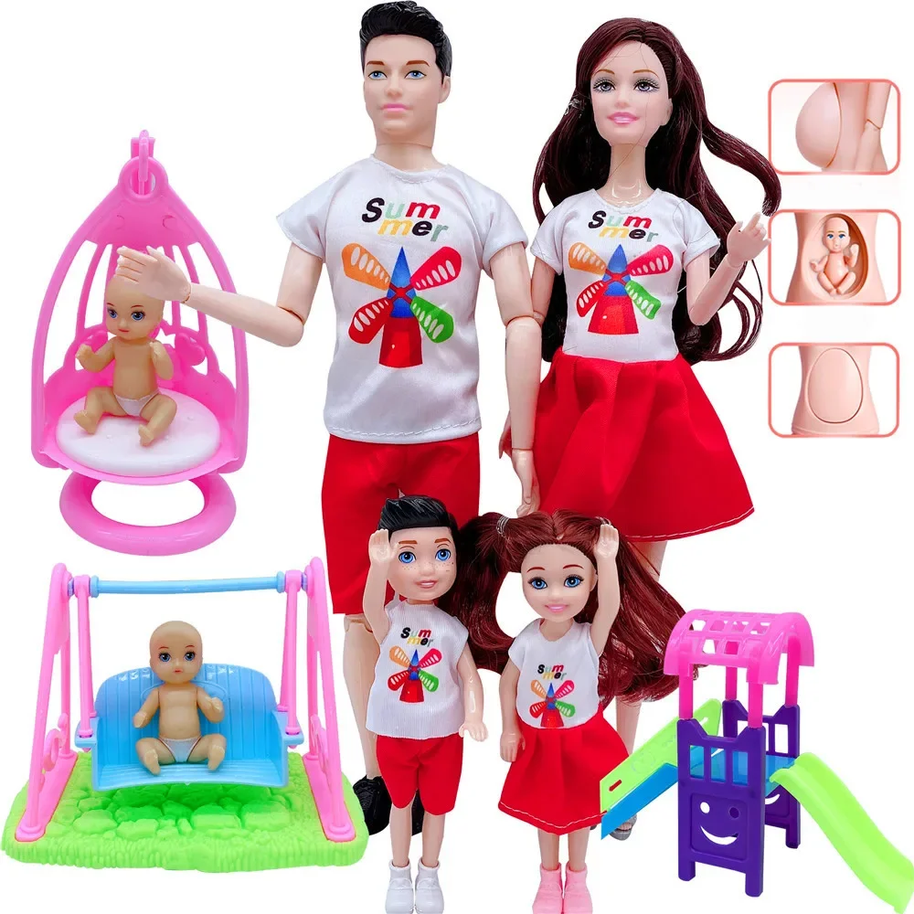 5Pcs/Lot Family Couple Dolls Pregnant Mom Doll Stroller Bed Accessories Baby Boy Ken Playset Kids Pretand Play Toys Girls Gifts doll accessories,doll accessories toys,mini dolls toys