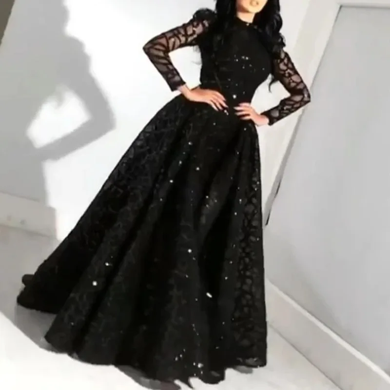 

2023 spring new European and American women's dress round neck long sleeve sequin pompadour evening gown