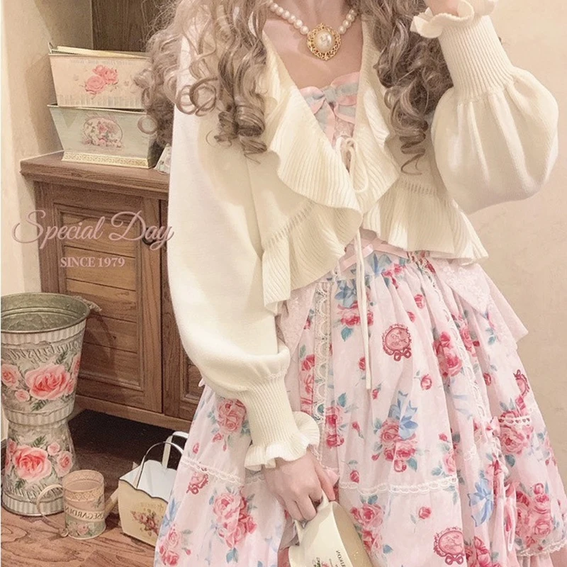Japanese Sweet Knitted Cardigan Women Fall Ruffles Kawaii Lace Up Cropped Sweaters Harajuku Aesthetic Lantern Sleeve Cute Tops 3
