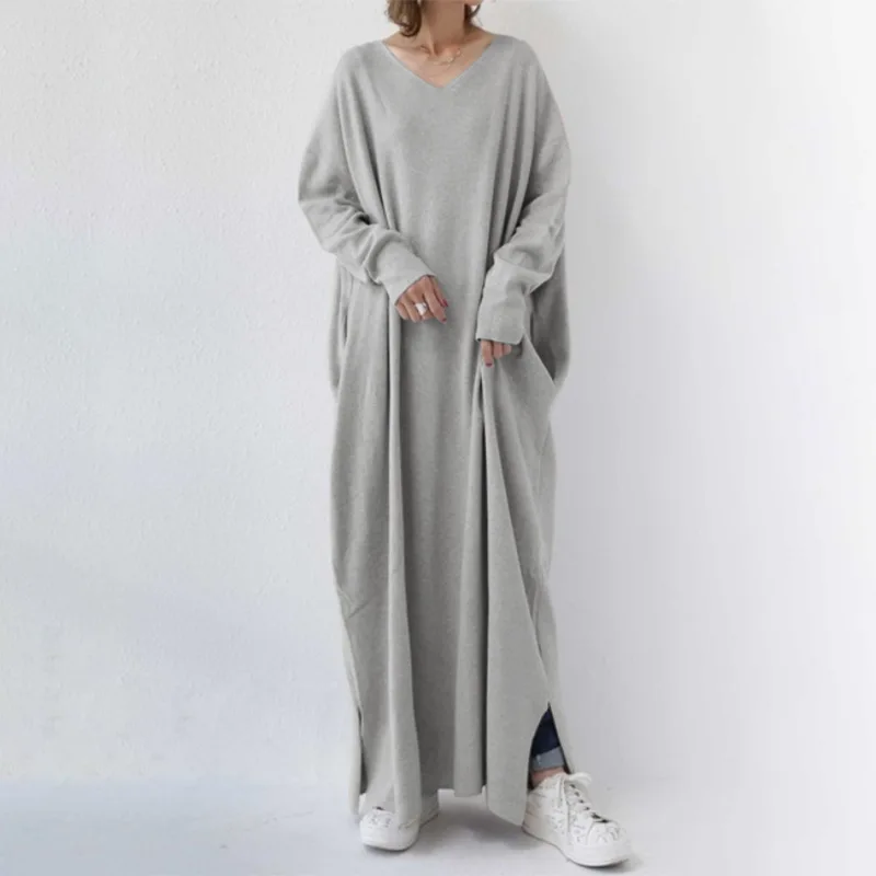thumbnail image 1 of Suéter de mujer de otoño e invierno con cuello en V, sencillo y holgado, informal, de una pieza, elegante, vestido largo, 1 of 4