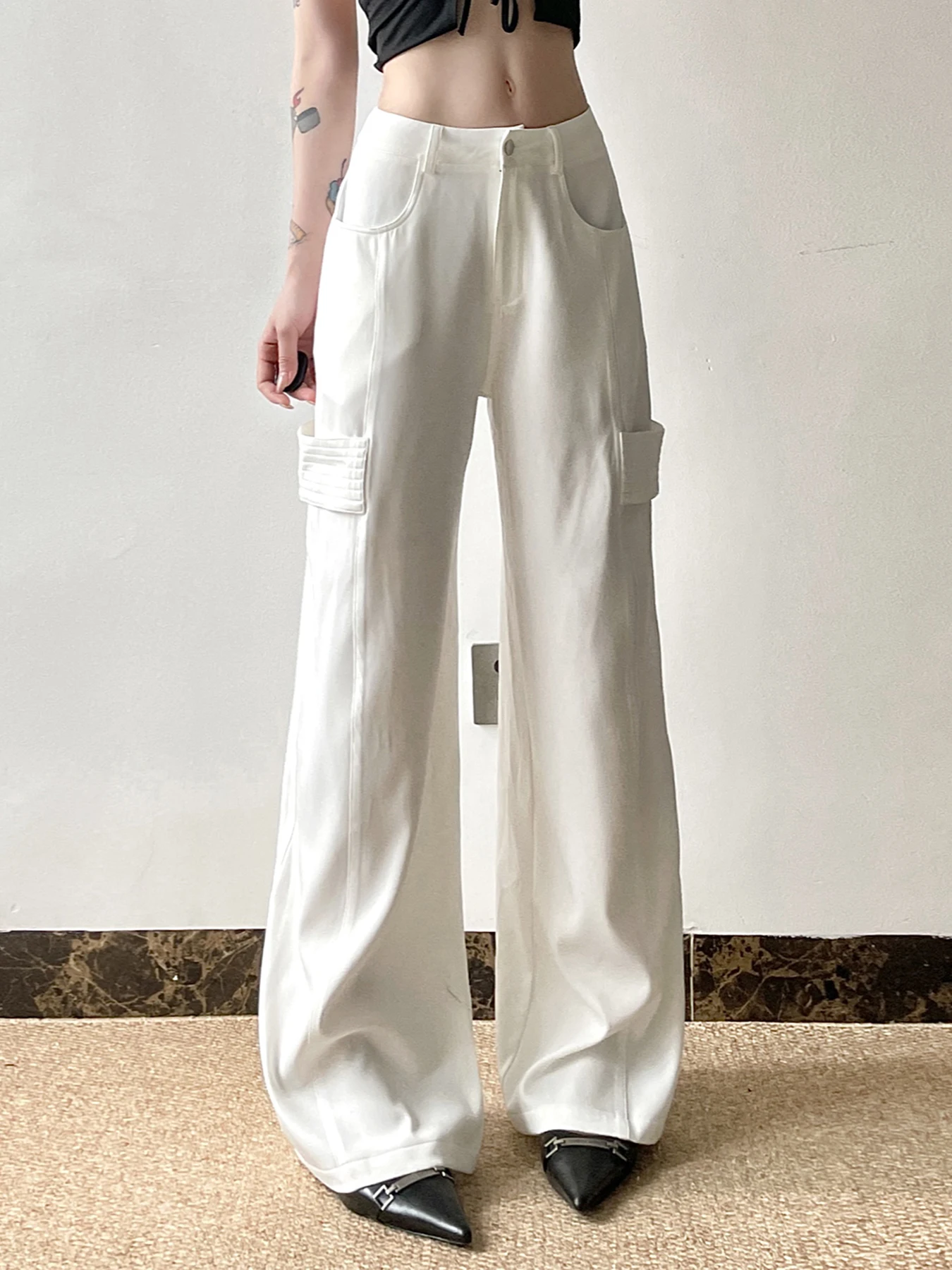 IAMSURE Safari Style Casual Big Pockets Wide Leg Pants Basic Loose Mid-Waisted Pants Women 2024 Summer Fashion Streetwear Ladies
