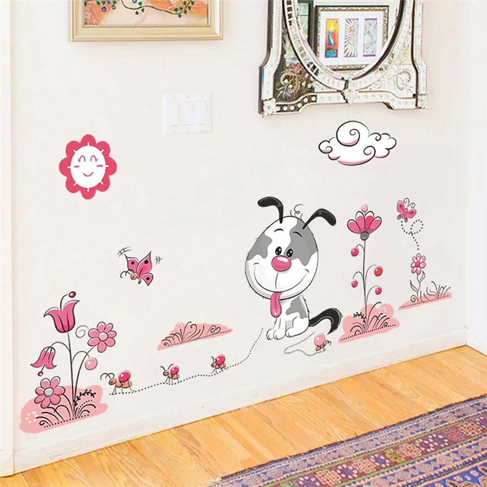 

Cartoon Animal Dogs Pet Puppy Flower Wall Stickers For Kids Rooms Home Decor 30*90cm Wall Decals Pvc Mural Art Diy Poster