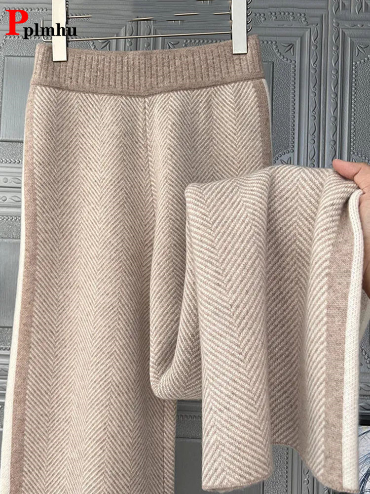 Autumn Winter Knitted Wide Leg Pants Womens Warm Thicken Striped Straight Pantalones Korean Knit High Waist Oversize 4xl Trouser