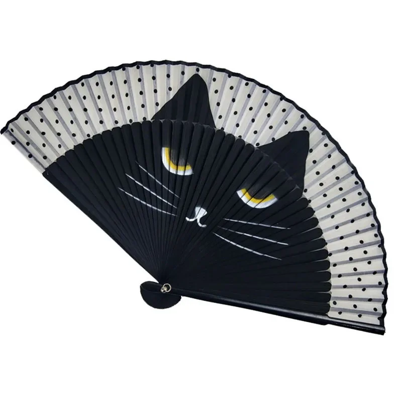1Pc Cat Pattern Bamboo Folding Fan Japanese Style Women Lovely Cartoon Kitten Hand Fans Handheld Fan Crafts Home Decoration folding fan hand fan