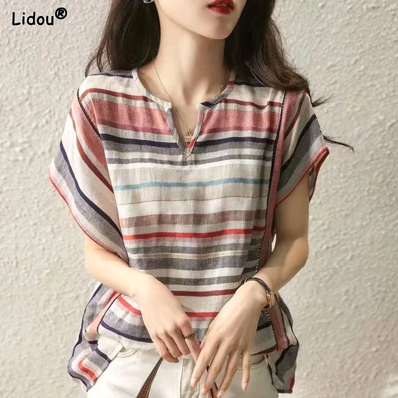 Korean Fashion Blouses Casual Loose V-neck Pullovers Drop Shoulder Sleeve Summer Thin Women's Clothing 2023 Striped Simplicity