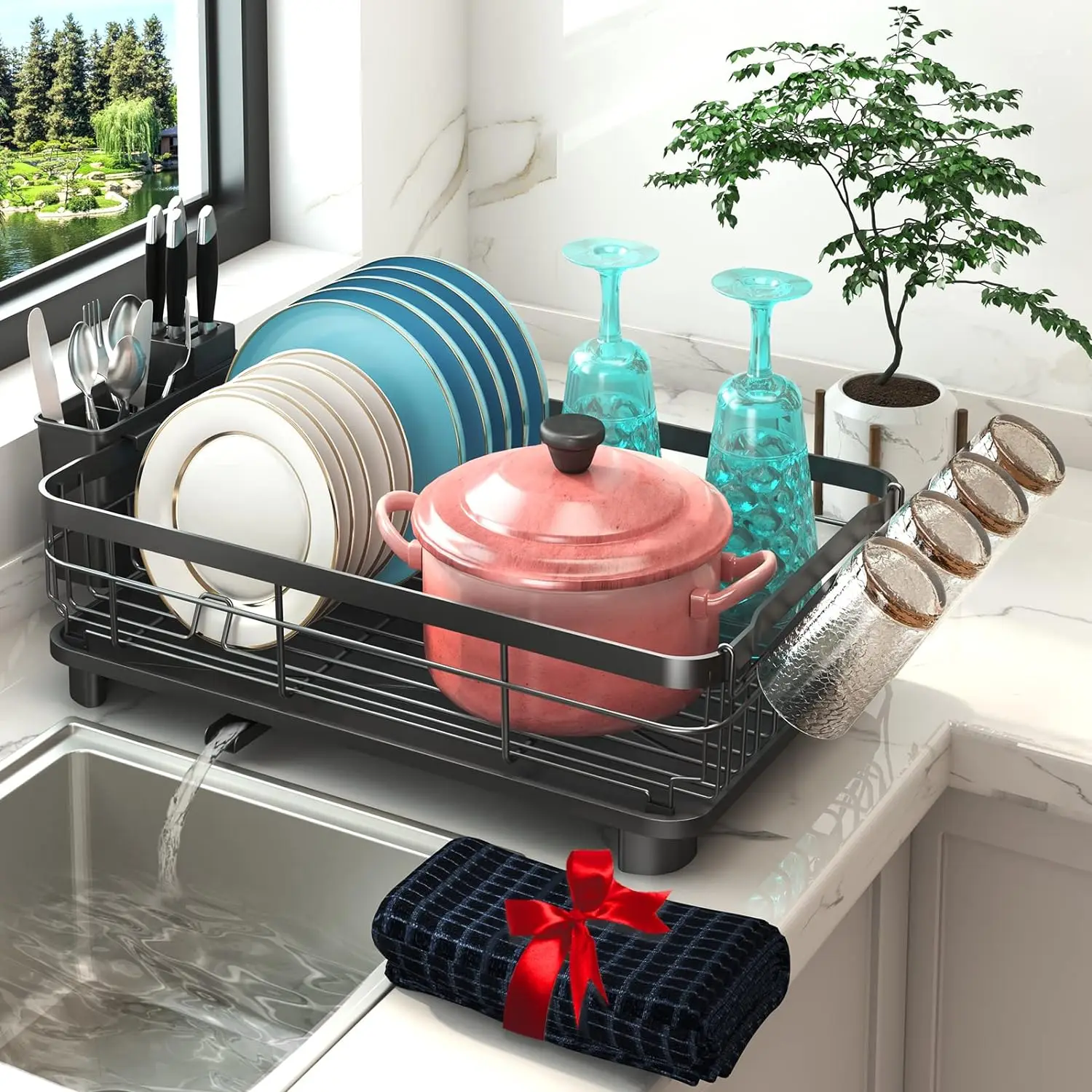 Dish Drying Rack - 2 Tier Dish Drying Rack And Drainboard For Apartment Kitchen  Counter, Large Capacity Dish Drainer Organizer Kitchen Rack With