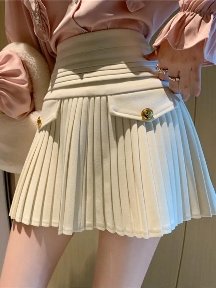 

2022 Black Pleated Skirts Sexy Casual Slim College Women High Waist Mini Metal A-Line Clubwear Korean Fashion Style