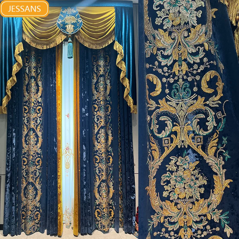 

Customized European Style Villa Blue Embroidery Screen Velvet Splicing Thickened Curtains for Living Room Bedroom French Window