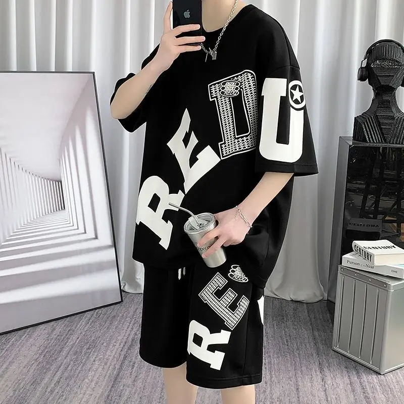 

Men's casual Shorts Set alphabet print T-shirt two piece set summer high street hip hop casual wear