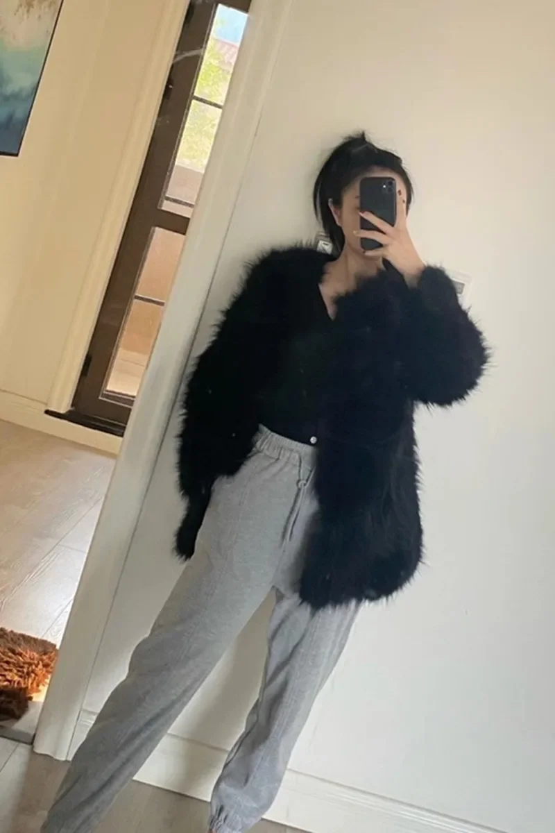 Raccoon Dog Fur Tops Mid-length Winter Long Sleeve Thick Jacket Women's Clothing Black Casual Thick Long Sleeve Real Fur Coat