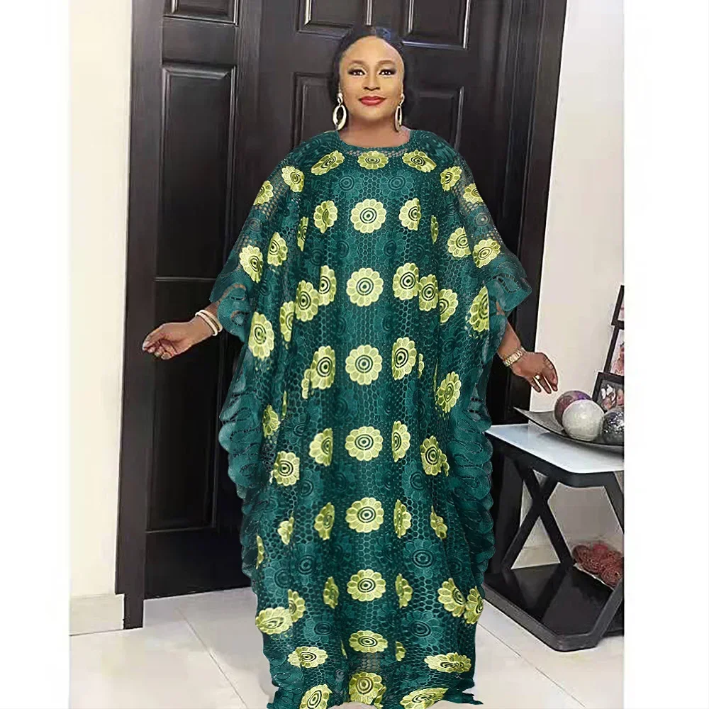 African Dresses for Women Spring Elegant African Women Lace Green White O-neck Plus Size Long Dress African Robes with Inner