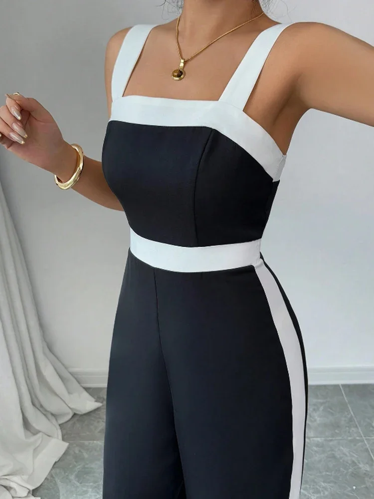 Schwarz-Weiß-Kontrast Jumpsuit für Frauen mit quadratischem Ausschnitt und weitem Bein, perfekt für formelle Anlässe, Abendessen, trendige Looks – Detail 4