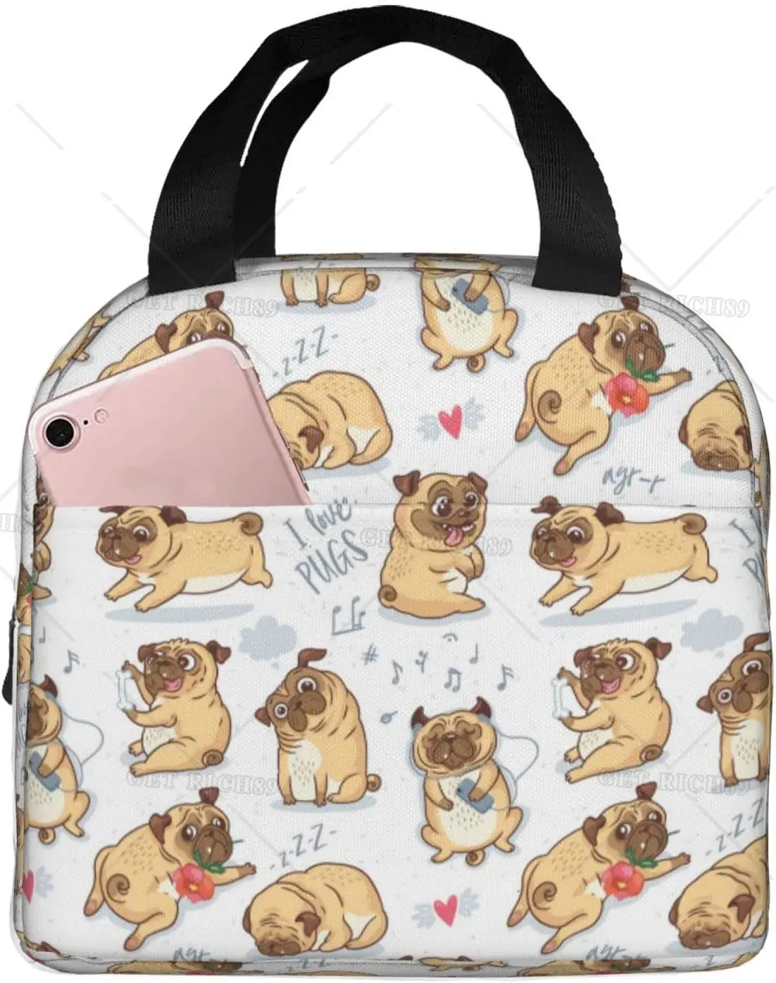 

Cute Animal Singing Pug Dog Lunch Bag for Women Men Insulated Lunch Box Container with Pocket Tote Bags for Work Travel Picnic
