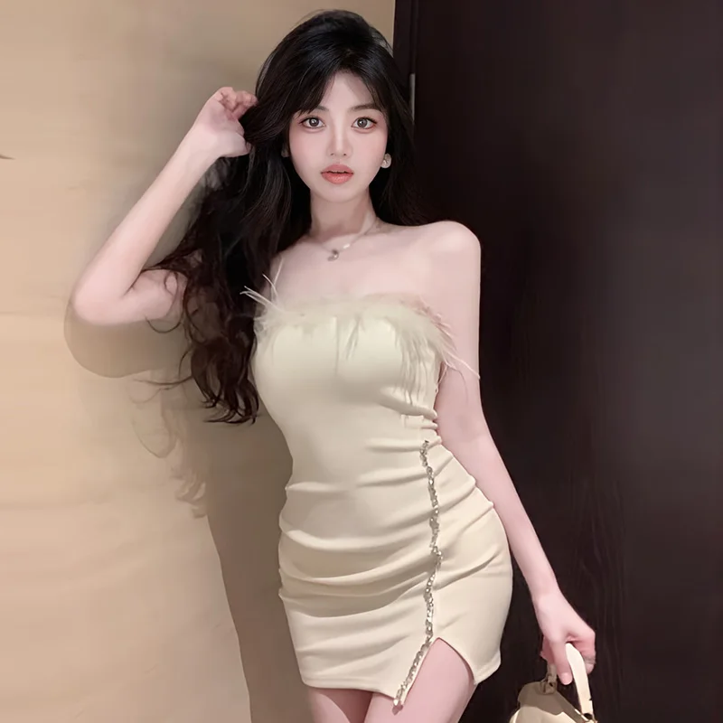 랩스커트 캐주얼 섹시 봉제 스티치 슬릿 디자인, 민소매 스트랩리스 패키지 힙 드레스, 단색, 한국 버전, 여름